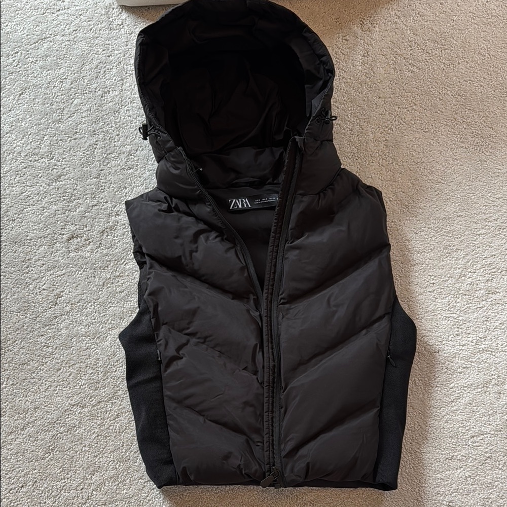 Zara Black Puffer Vest with Hood